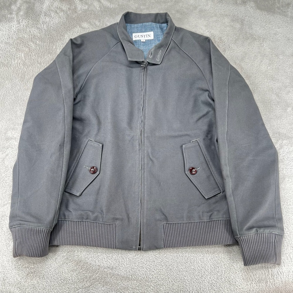 Gustin Mens Harrington Jacket Size Medium Gray Preowned Made in USA Cotton
